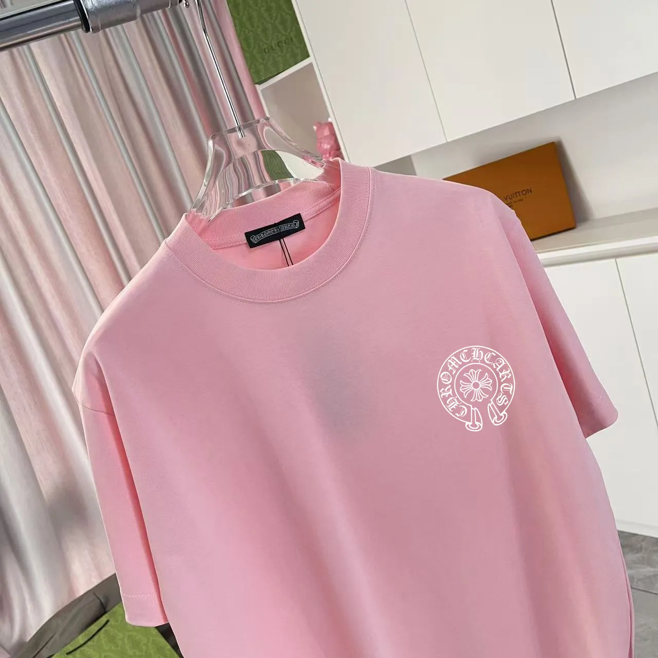 🅿️170 ch Cro* 2025 summer new style Sanskrit cross horseshoe print short-sleeved T-shirt customized fabric 300g same style for men and women Size: S M L XL XXL five sizes Color: black white pink iron gray